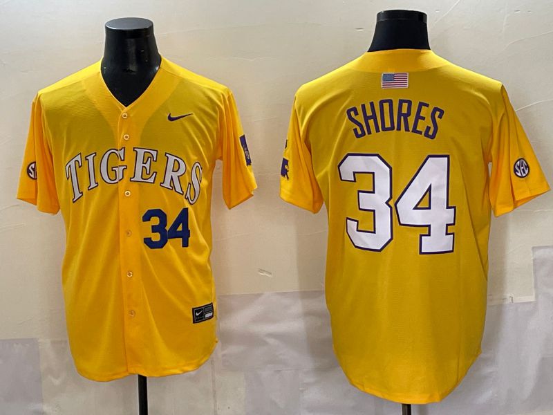 Men 2025 LSU Tigers #34 Shores Yellow Nike Joint Name Nike NCAA Jersey style 4